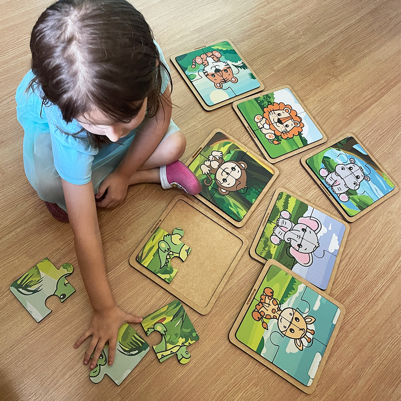 Combo Quebra-Cabeça 4 peças: 5 unidades (Hipopótamo, girafa, macaco, zebra e leão)