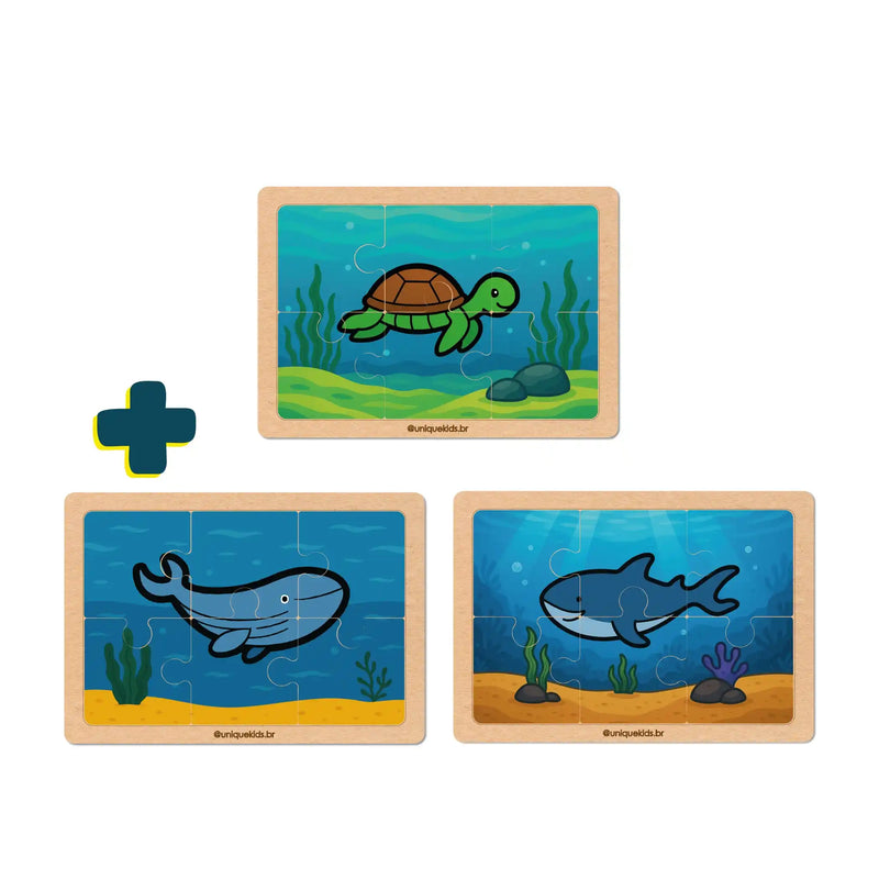 Combo quebra-cabeça 6 peças: 3 unidades (Tartaruga, Baleia e Tubarão)