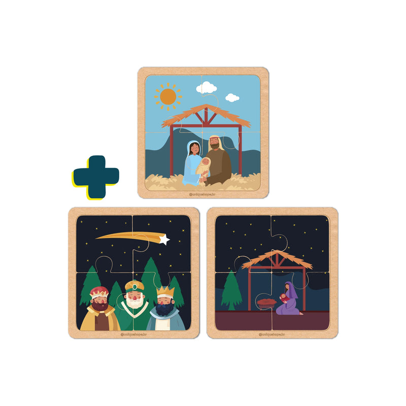 Combo: Quebra-cabeça 4 peças: 3 unidades (Sagrada Família, Manjedoura e Três Reis Magos)